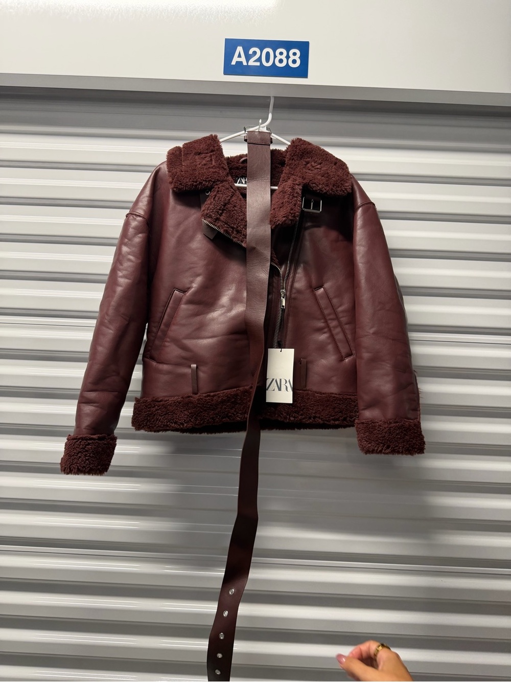 ZARA Women's Leather Aviator Jacket in Deep Burgundy